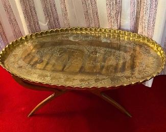 Vintage Mid Century Moroccan Large Brass Oval Tray Table Top Spider Leg Folding