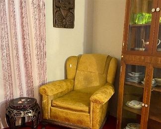 Gold Oversized Brocade Arm Chair, Vintage Asian Wood Carved Japanese Flower Plant Stand Pedestal Table