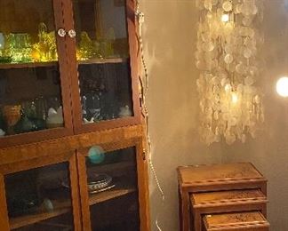 Vintage Deep Carved Nesting Tables, Large White Coral, Vase, Geisha Girl Encased, Cabinet of Collectibles, Vintage Capice Shell Four Tier Hanging Lamp