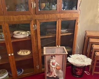 Vintage Deep Carved Nesting Tables, Large White Coral, Vase, Geisha Girl Encased, Cabinet of Collectibles