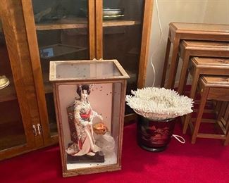 Vintage Deep Carved Nesting Tables, Large White Coral, Vase, Geisha Girl Encased, Cabinet of Collectibles