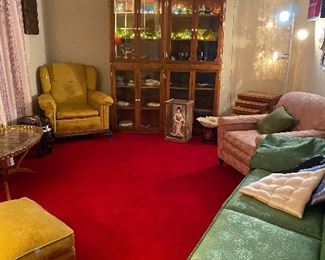 Vintage Deep Carved Nesting Tables, Large White Coral, Vase, Geisha Girl Encased, Cabinet of Collectibles, Vintage Capice Shell Four Tier Hanging Lamp, Antique Green Brocade Sofa/Settee, Dusty Rose Oversized Brocade Arm Chair, Gold Oversized Brocade Arm Chair with Ottoman, Vintage Mid Century Moroccan Large Brass Oval Tray Table Top Spider Leg Folding, Gold Oversized Brocade Arm Chair