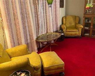 Cabinet of Collectibles, Gold Oversized Brocade Arm Chair with Ottoman, Vintage Mid Century Moroccan Large Brass Oval Tray Table Top Spider Leg Folding, Gold Oversized Brocade Arm Chair, Mid Century Modern Swag Lamp