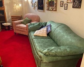 Vintage Deep Carved Nesting Tables, Large White Coral, Vase, Geisha Girl Encased, Vintage Capice Shell Four Tier Hanging Lamp, Antique Green Brocade Sofa/Settee, Dusty Rose Oversized Brocade Arm Chair, Assorted Paintings & Household Decor