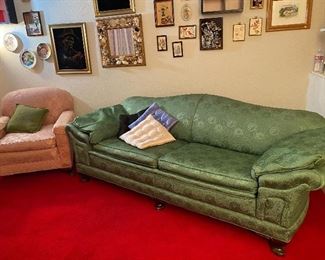 Antique Green Brocade Sofa/Settee, Dusty Rose Oversized Brocade Arm Chair, Assorted Paintings & Household Decor