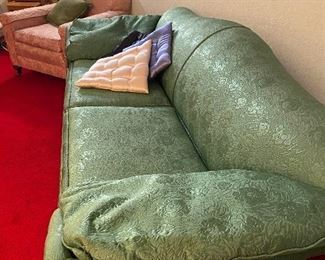 Antique Green Brocade Sofa/Settee, Dusty Rose Oversized Brocade Arm Chair, Assorted Paintings & Household Decor