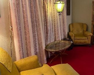 Gold Oversized Brocade Arm Chair, Vintage Floor Lamp Coral Lamp Shade, Mid Century Modern Swag Lamp, Gold Oversized Brocade Arm Chair with Ottoman, Vintage Mid Century Moroccan Large Brass Oval Tray Table Top Spider Leg Folding