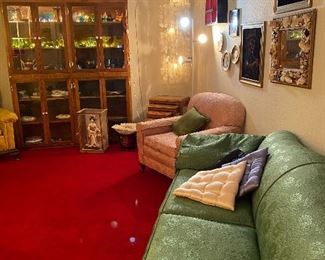 Vintage Deep Carved Nesting Tables, Large White Coral, Vase, Geisha Girl Encased, Cabinet of Collectibles, Vintage Capice Shell Four Tier Hanging Lamp, Antique Green Brocade Sofa/Settee, Dusty Rose Oversized Brocade Arm Chair