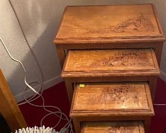 Vintage Deep Carved Nesting Tables, Vintage Capice Shell Four Tier Hanging Lamp, Large White Coral