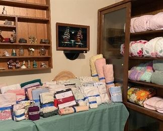 Hand Crafted Shadow/Shelving Box, Vintage Avon Bottles, Oil on Velvet Sampans, Assorted Linen, Bedding