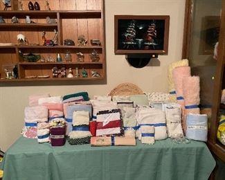 Hand Crafted Shadow/Shelving Box, Vintage Avon Bottles, Oil on Velvet Sampans, Assorted Linen, Bedding