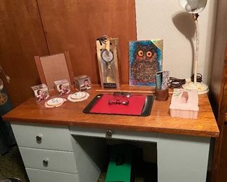 Hand Crafted Desk, Hand Crafted Needlepoint, Bake Lite Kleenex Box Cover, Desk Lamp