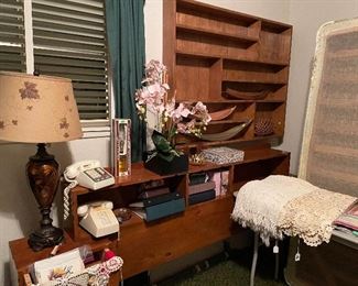 Assorted Hand Crafted & Sea Shells Hanging Chimes, Full Size Bed, Comforters, Hand Crafted Headboard Full Size Bed, Shadow/Shelving Box, Push Button Desk Telephone, Briefcases, Antiques Roadshow Reproduction Tiffany Lamp