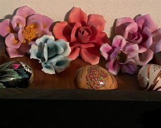 Floating Shelving Porcelain Flowers, Hand Painted Eggs