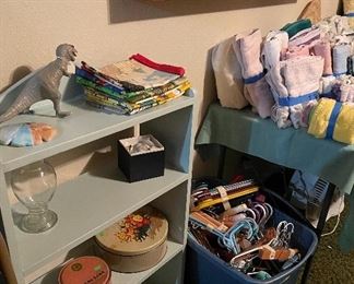 Hand Crafted Shadow/Shelving Box, Vintage Avon Bottles, Assorted Linen, Bedding