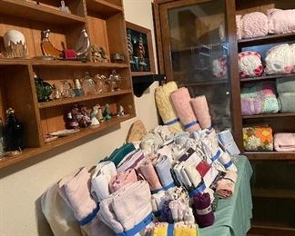 Hand Crafted Shadow/Shelving Box, Vintage Avon Bottles, Oil on Velvet Sampans, Assorted Linen, Bedding