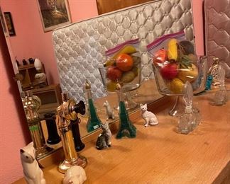 Vintage Assorted Avon Bottles, Mid Century Modern Burnett's Dresser with Mirror, Full Size Bed