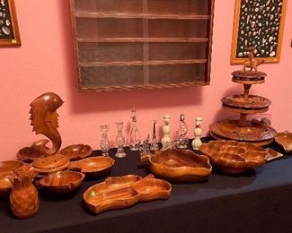 Monkey Pod Three Tier Teak Wood Lazy Susan Water Buffalo Philippines, Monkey Pod Teak Wood Lazy Susan Carved Fish Hors d' Oeuvres Stand, Monkey Pod Relish Tray Teak Wood, Hand Crafted Shelving/Shadow Box, Framed Crafted Sea Shells