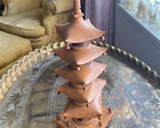 Vintage Mid Century Moroccan Large Brass Oval Tray Table Top Spider Leg Folding, Vintage Wooden Five Storied Japanese Pagoda, Gold Oversized Brocade Arm Chair with Ottoman, Assorted Hand Carved Elephants, Alabaster, Wood & Soap Stone