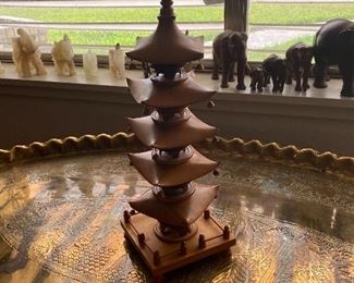 Vintage Mid Century Moroccan Large Brass Oval Tray Table Top Spider Leg Folding, Vintage Wooden Five Storied Japanese Pagoda, Assorted Hand Carved Elephants, Alabaster, Wood & Soap Stone