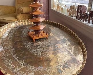 Vintage Mid Century Moroccan Large Brass Oval Tray Table Top Spider Leg Folding, Vintage Wooden Five Storied Japanese Pagoda, Gold Oversized Brocade Arm Chair with Ottoman, Assorted Hand Carved Elephants, Alabaster, Wood & Soap Stone