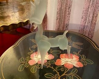 Vintage Asian Wood Carved Japanese Flower Plant Stand Pedestal Table, Lalique Style Frosted Glass Deer, Vintage Mid Century Moroccan Large Brass Oval Tray Table Top Spider Leg Folding
