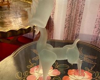 Vintage Asian Wood Carved Japanese Flower Plant Stand Pedestal Table, Lalique Style Frosted Glass Deer, Vintage Mid Century Moroccan Large Brass Oval Tray Table Top Spider Leg Folding