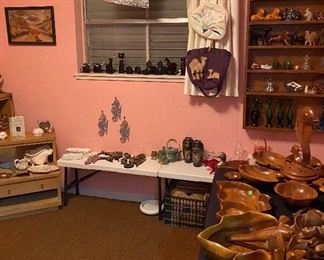 Monkey Pod Three Tier Teak Wood Lazy Susan Water Buffalo Philippines, Monkey Pod Teak Wood Lazy Susan Carved Fish Hors d' Oeuvres Stand, Monkey Pod Relish Tray Teak Wood, Hand Crafted Shelving/Shadow Box, Framed Crafted Sea Shells, Ladies Purses, Vinyl Records, Vintage Sailfish & Seahorse Wall Decoration Resin