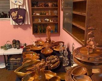 Monkey Pod Three Tier Teak Wood Lazy Susan Water Buffalo Philippines, Monkey Pod Teak Wood Lazy Susan Carved Fish Hors d' Oeuvres Stand, Monkey Pod Relish Tray Teak Wood, Hand Crafted Shelving/Shadow Box, Framed Crafted Sea Shells, Ladies Purses, Vinyl Records