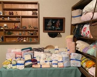 Hand Crafted Shadow/Shelving Box, Vintage Avon Bottles, Oil on Velvet Sampans, Assorted Linen, Bedding