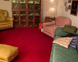 Cabinet of Collectibles, Gold Oversized Brocade Arm Chair with Ottoman, Gold Oversized Brocade Arm Chair, Antique Green Brocade Sofa/Settee, Vintage Deep Carved Nesting Tables,  Dusty Rose Oversized Brocade Arm Chair, Vintage Capice Shell Four Tier Hanging Lamp