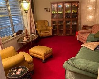 Cabinet of Collectibles, Gold Oversized Brocade Arm Chair with Ottoman, Vintage Mid Century Moroccan Large Brass Oval Tray Table Top Spider Leg Folding, Gold Oversized Brocade Arm Chair, Mid Century Modern Swag Lamp, Antique Green Brocade Sofa/Settee, Vintage Deep Carved Nesting Tables,  Dusty Rose Oversized Brocade Arm Chair