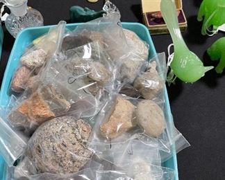 Assorted Fine & Costume Jewelry, Assorted Jadite Figurines, Assorted Rocks Some Geodes