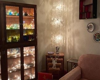 Vintage Deep Carved Nesting Tables, Geisha Girl Encased, Lighted Cabinet of Collectibles, Vintage Capice Shell Four Tier Hanging Lamp, Dusty Rose Oversized Brocade Arm Chair