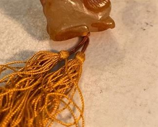 Vintage Japanese Chinese Carved Netsuke Jadite Bead & String Cord