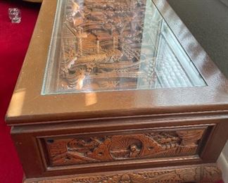 Vintage Heavy Deep Carved Oriental Glass Top Teak Coffee Table with Three Drawers Also Carved