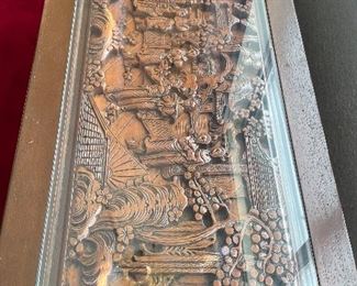 Vintage Heavy Deep Carved Oriental Glass Top Teak Coffee Table with Three Drawers Also Carved