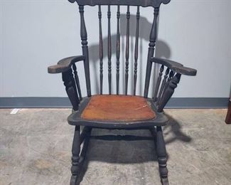 Antique Spindle Back Rocking Chair with Leather Seat
