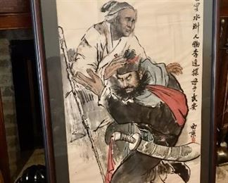 A large framed Chinese painting depicting a scene from “Water Margin”, a 14th-century Chinese novel considered one of the four great Classical novels of Chinese literature. One of the rebels returning home to mother. 