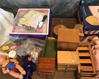 Patsy Joan outfits, McDonald's Happy Meal doll, Diana Ty bear, Strombecker Wooden doll furniture