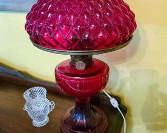 Aladdin Lincoln drape oil lamp in ruby red with Fenton shade, circa 1940. Wiring can be easily removed if desired.