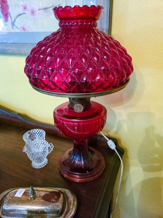 Aladdin Lincoln drape oil lamp in ruby red with Fenton shade, circa 1940. Wiring can be easily removed if desired.