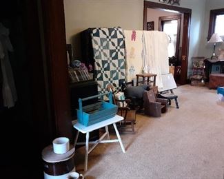 Quilts, Child rockers, several one-step stools.