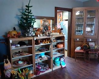 50's feather tree, assorted crafted pumpkins, gourds,  Halloween,  Fall, 4th of July and St. Patrick's Day holiday items.  