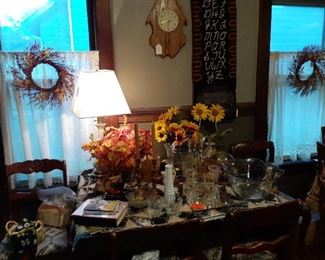 Dining table and chairs, "Russian" 14" pitcher and three glasses; assorted vases, large glass serving bowl, hanging  hooked alphabet rug.