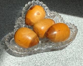 Wood Eggs and Cut Glass Dish