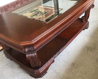 Glass Top Inlaid Cherry Coffee /Matching End Tables (2)