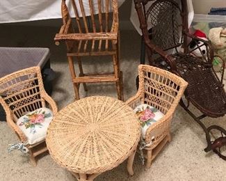 Vintage Rattan Doll Stroller/Wicker Doll Dining Set/Bamboo Doll High Chair