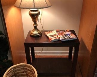 Wood End Table/Rattan Planter Basket/Table Lamp/Cookbooks