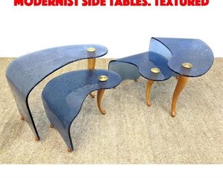 Lot 92 4pc Blue Glass Wood Leg Modernist Side Tables. Textured